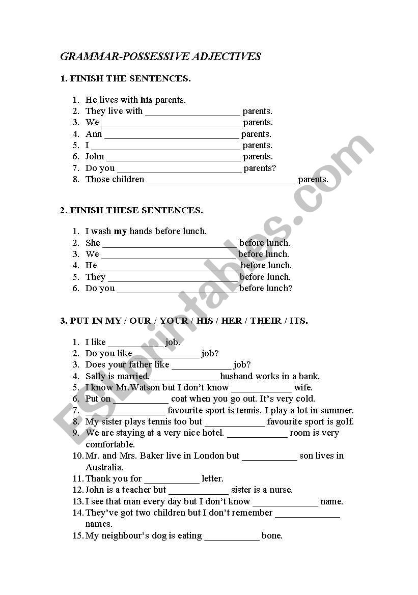 POSSESSIVE ADJECTIVES worksheet