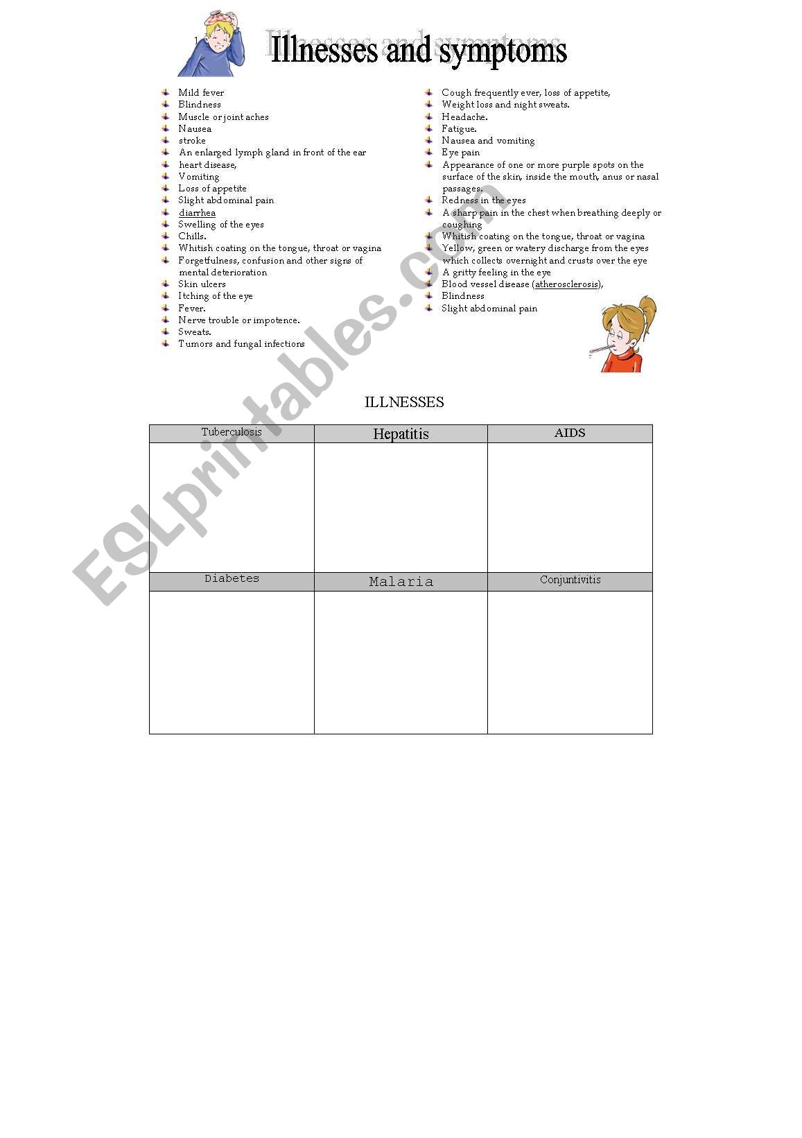 illnesses and symptoms worksheet