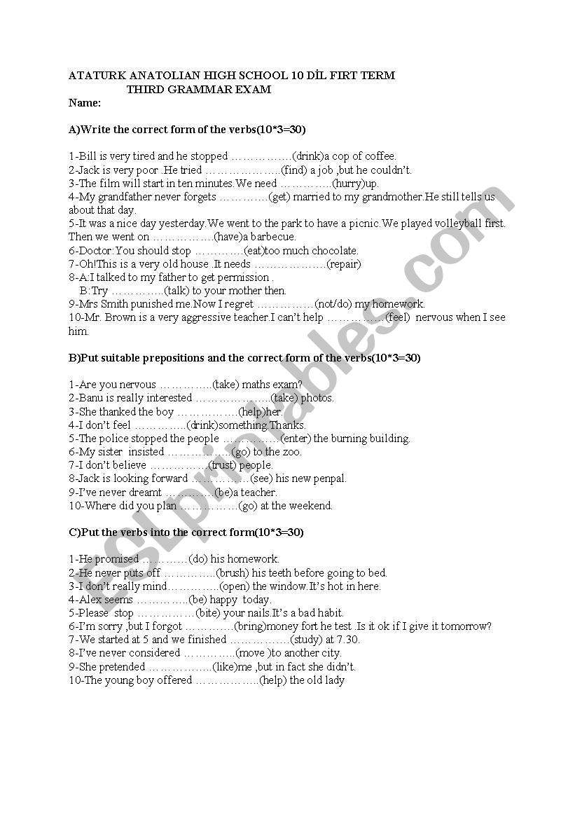 Gerunds and infinitives worksheet