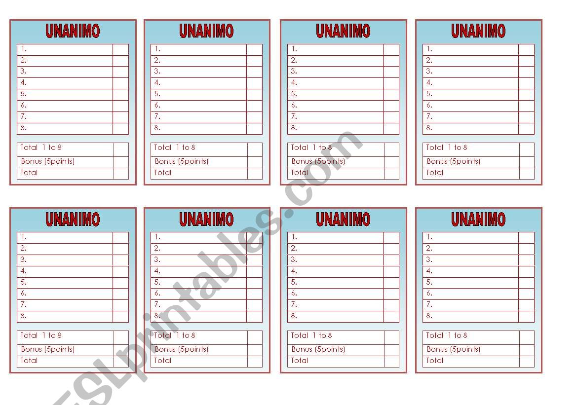 Unanimo: Vocabulary game , score sheet (5 out of 5)