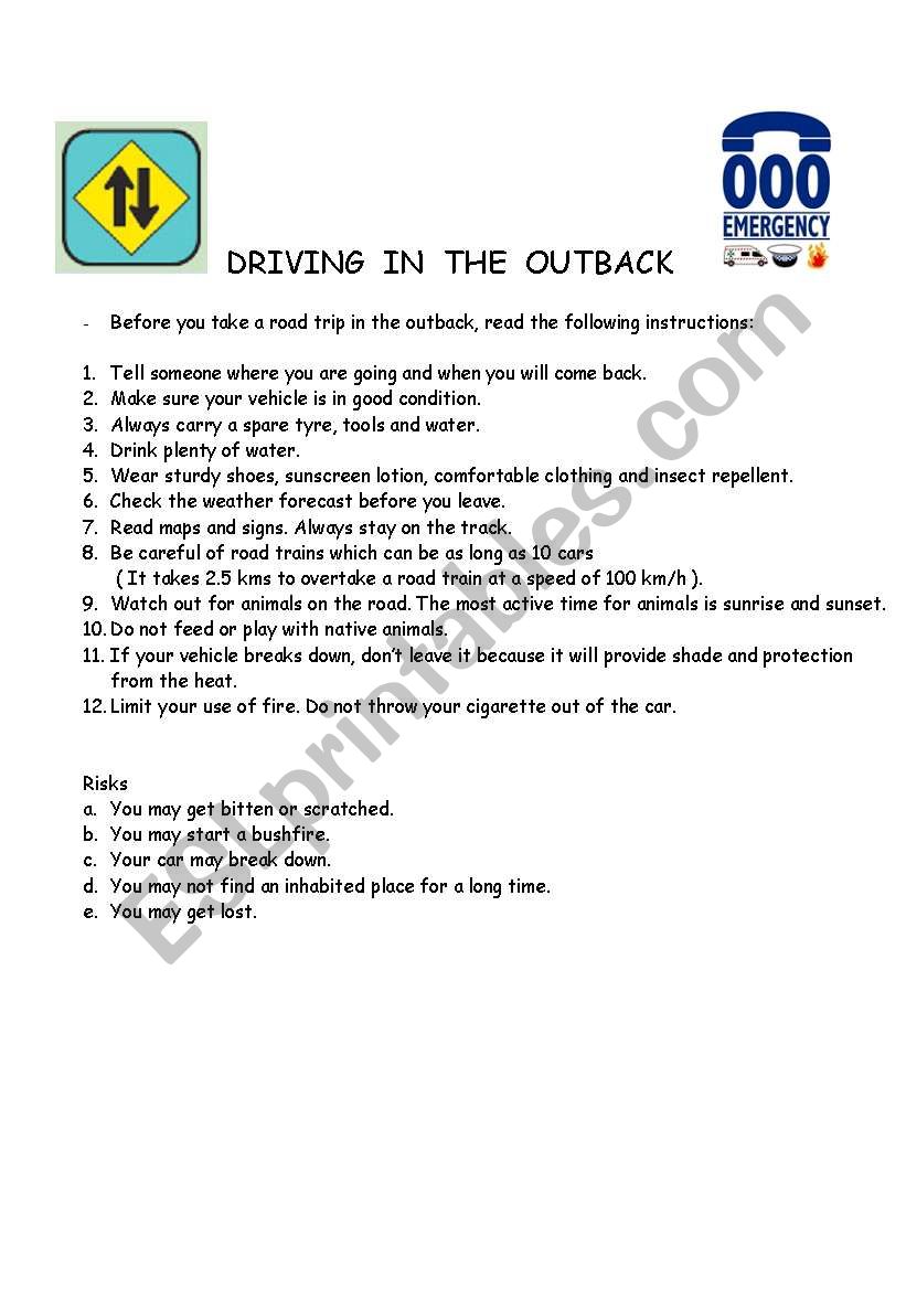 Driving safely in the outback worksheet