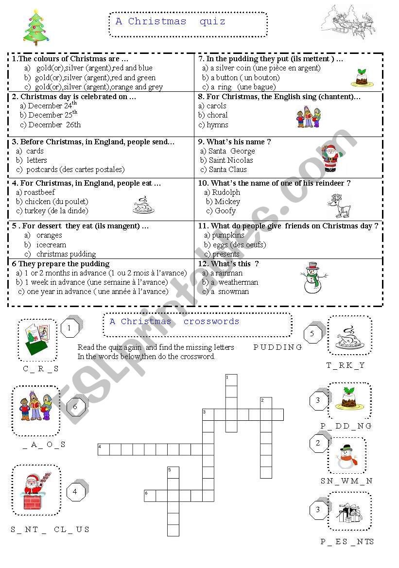 Christmas quiz  and crossword worksheet