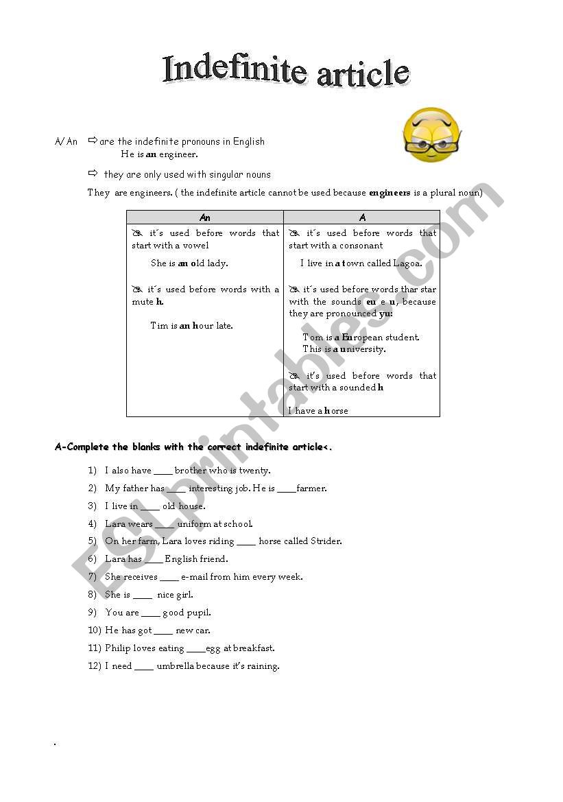 Indefinite article worksheet