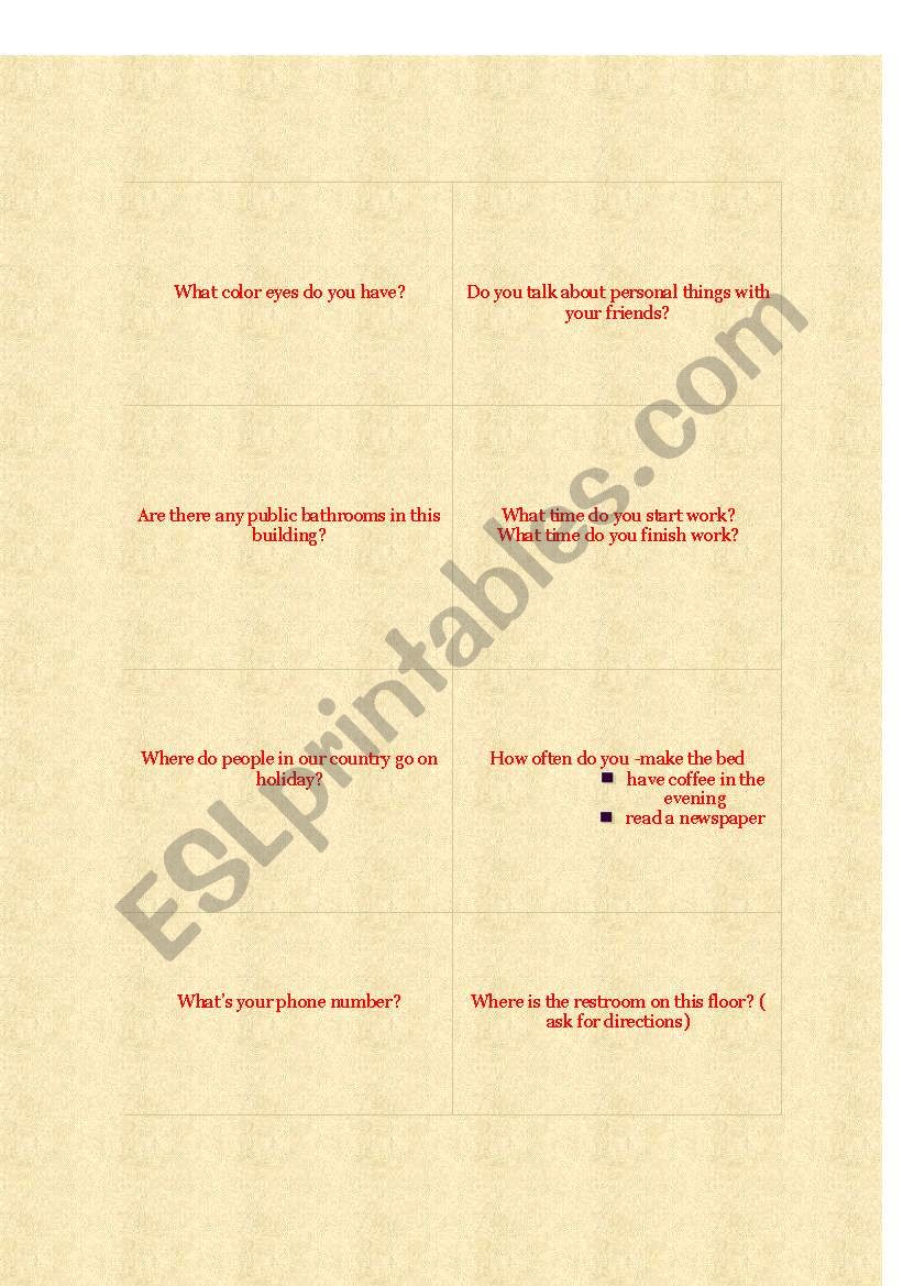 Question game  worksheet