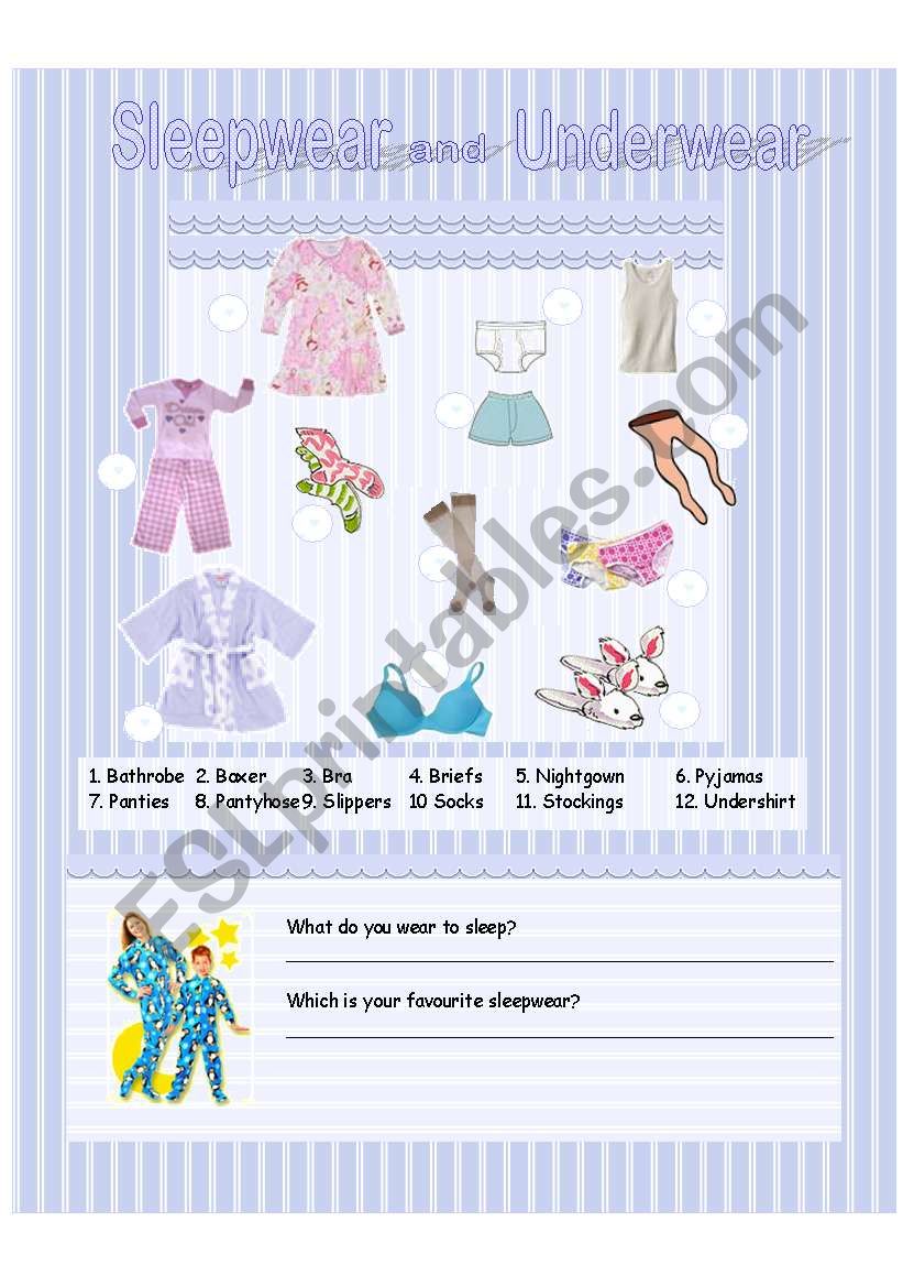 Sleepwear and Underwear worksheet