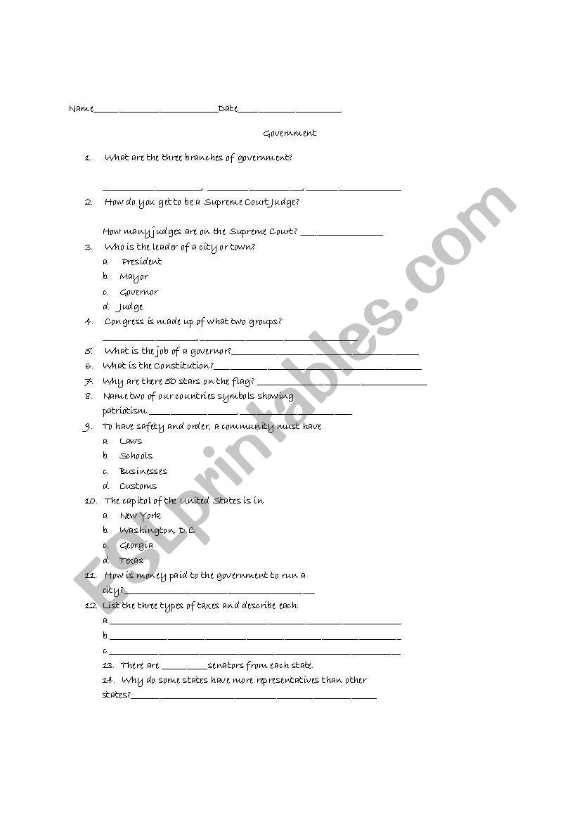 Government worksheet