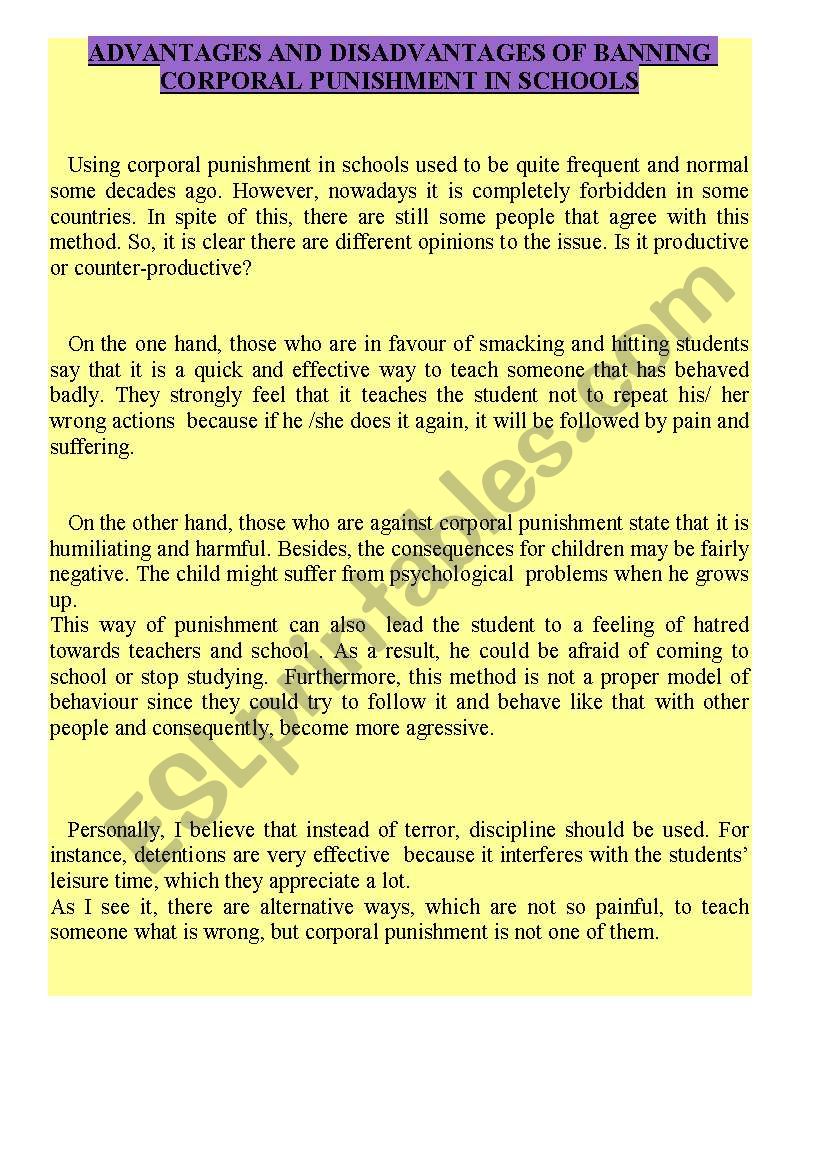 WRITING :ADVANTAGES AND DISADVANTAGES OF BANNING CORPORAL PUNISHMENT