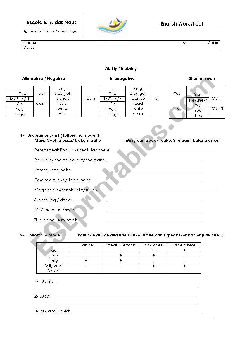 Ability/Inability worksheet