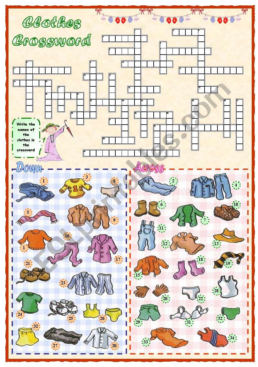 Clothes crossword worksheet