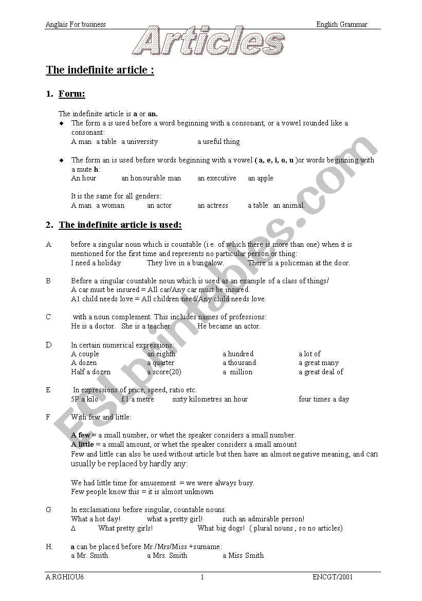 Articles worksheet