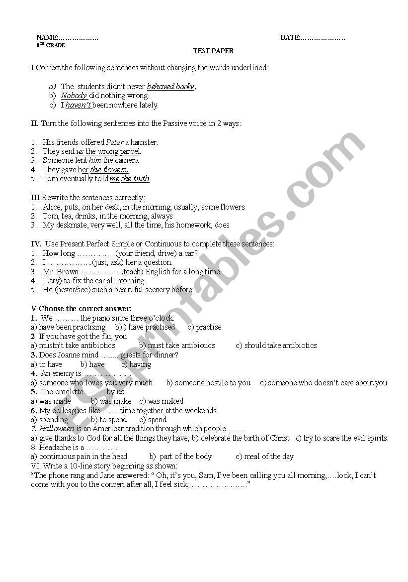 Grade 8 worksheet