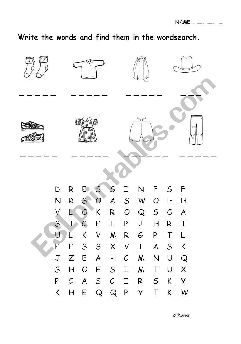 clothes + wordsearch worksheet