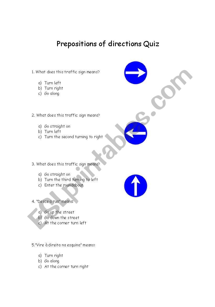Directions Quiz worksheet