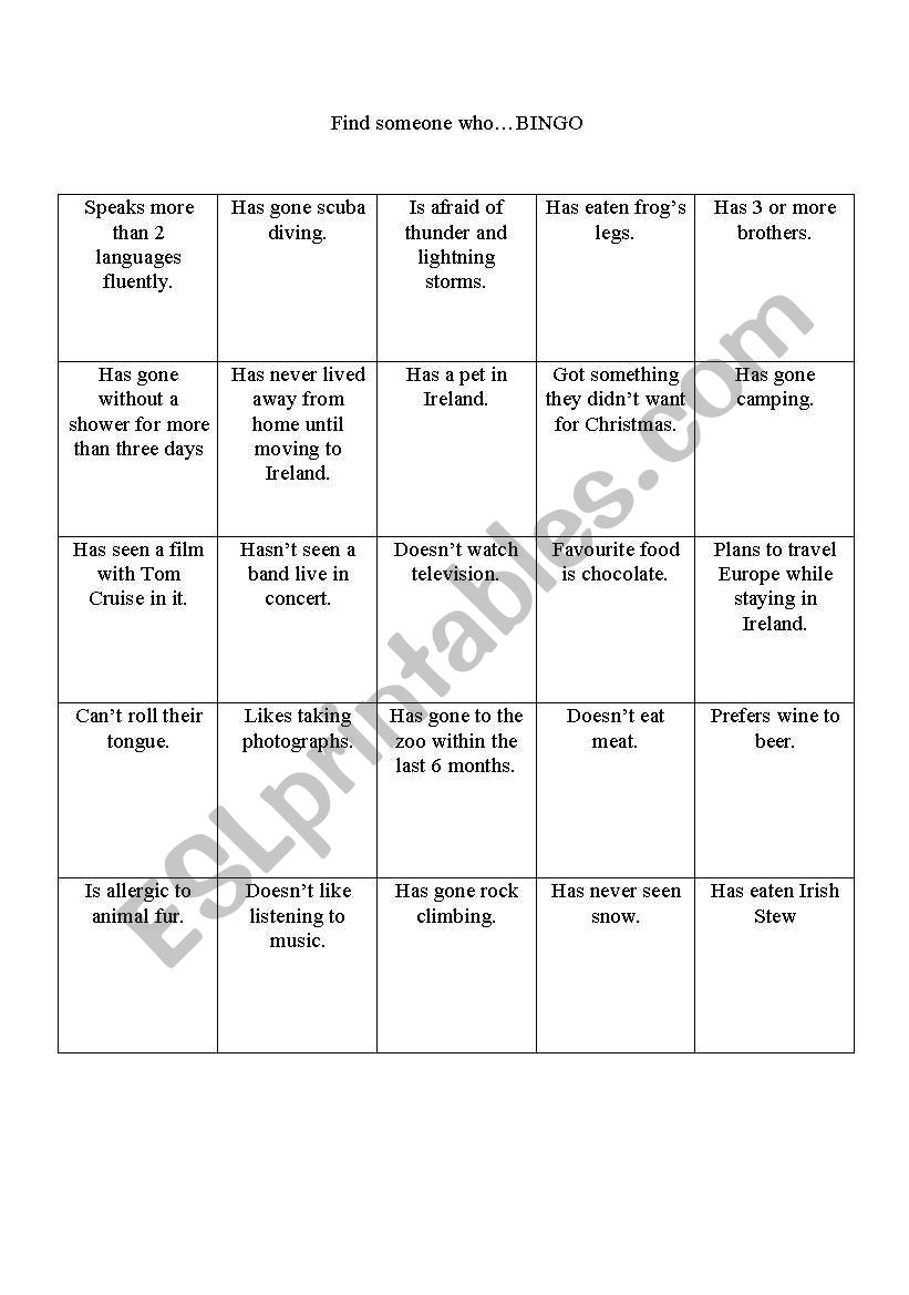 Find someone who bingo worksheet