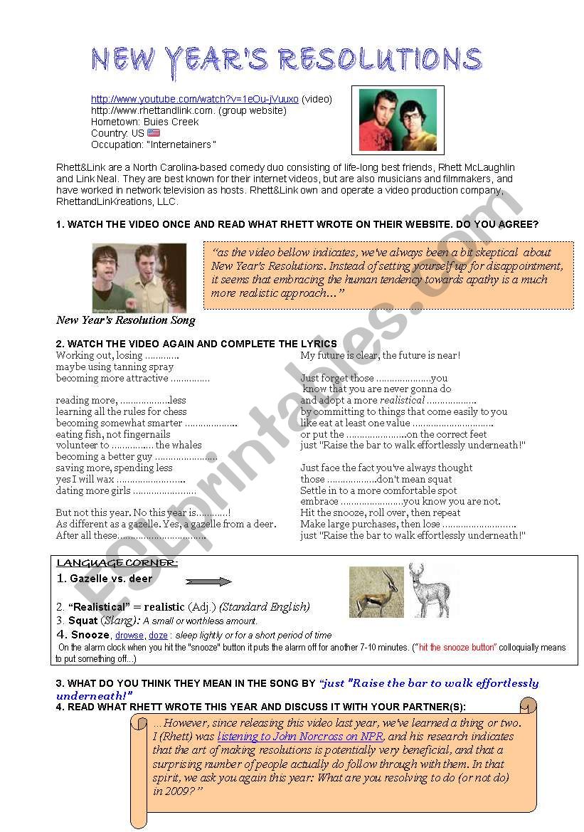 New Year S Resolutions Listening With Key And Speaking Esl Worksheet By Chorima