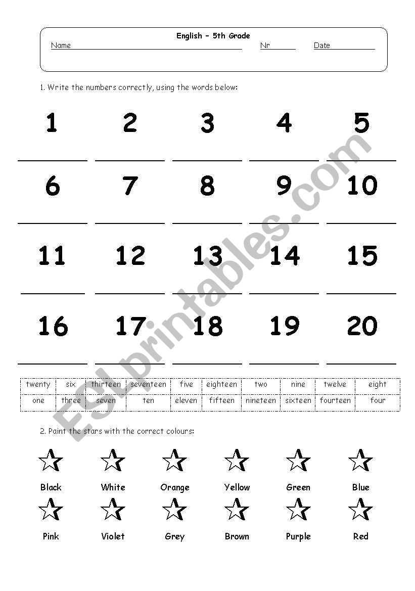 Numbers and colours worksheet
