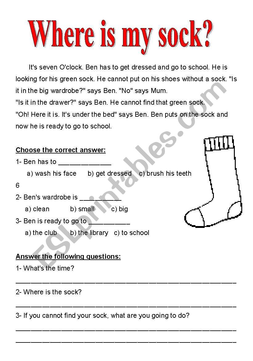 where is my sock worksheet