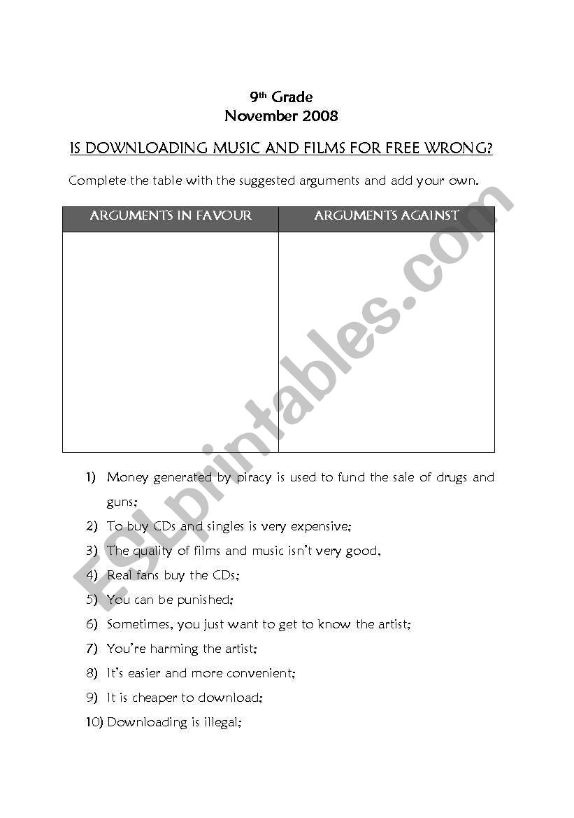 Downloading Music and films worksheet