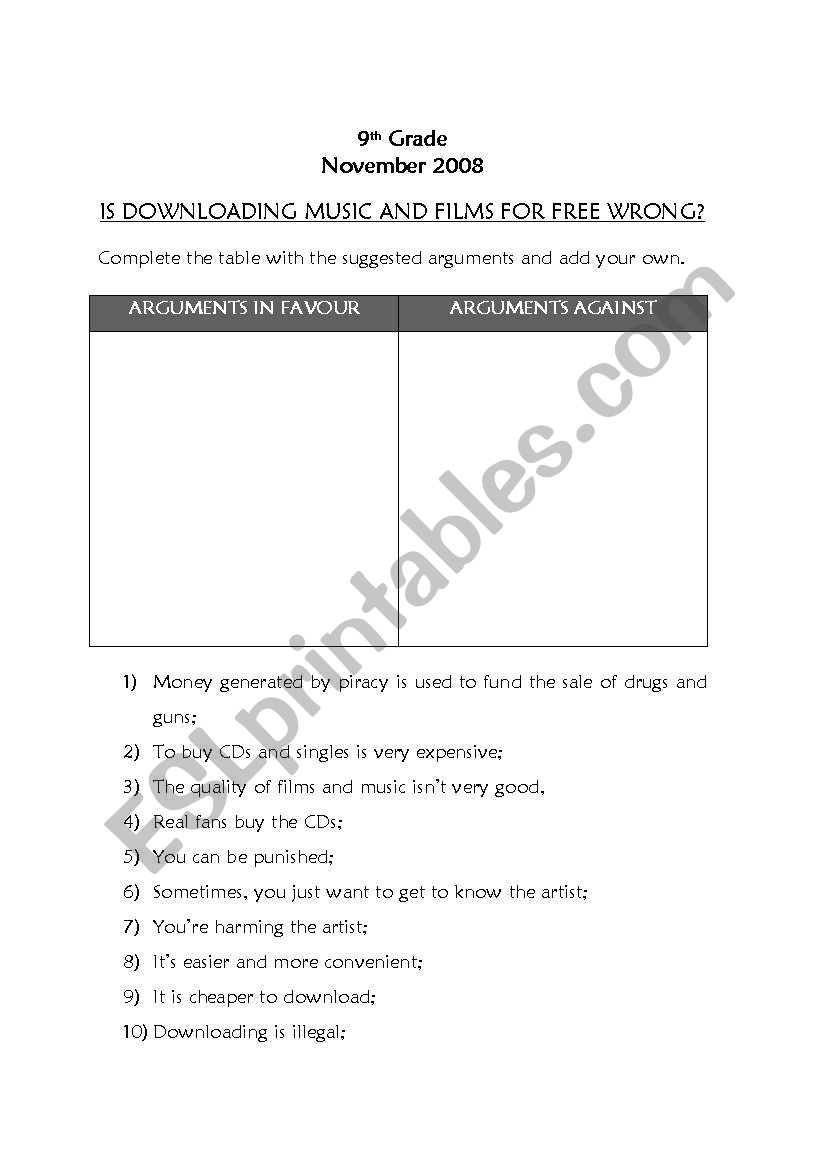 Downloading Music and films worksheet