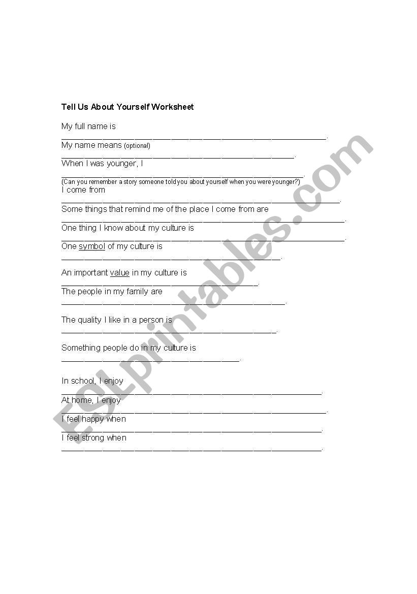 Tell Us About Yourself Worksheet