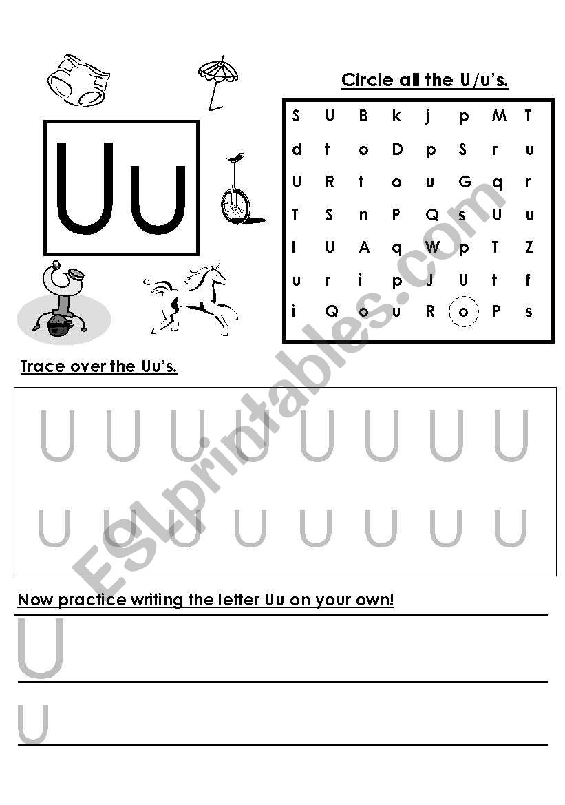 Alphabet letter writing practice â€“ U â€“ Z