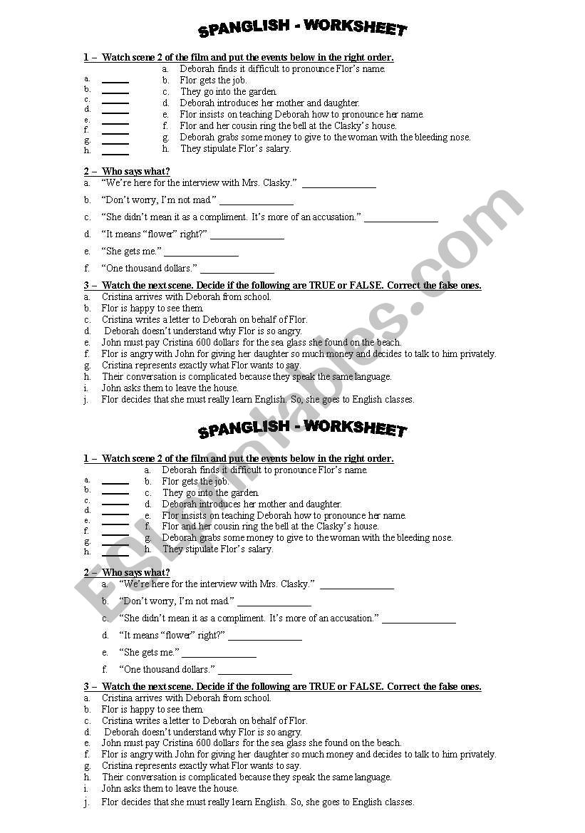 Spanglish - worksheet on film worksheet