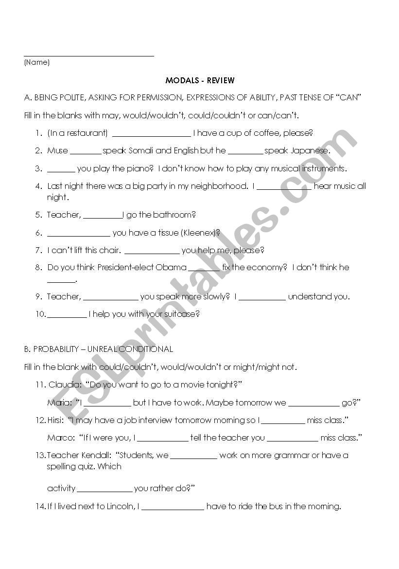 Modals review worksheet