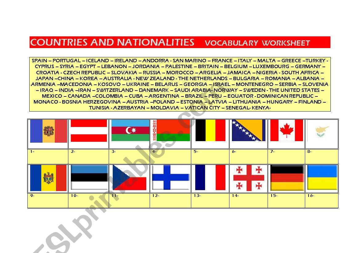 COUNTRIES AND NATIONALITIES: FLAGS WORKSHEET(PART 1)