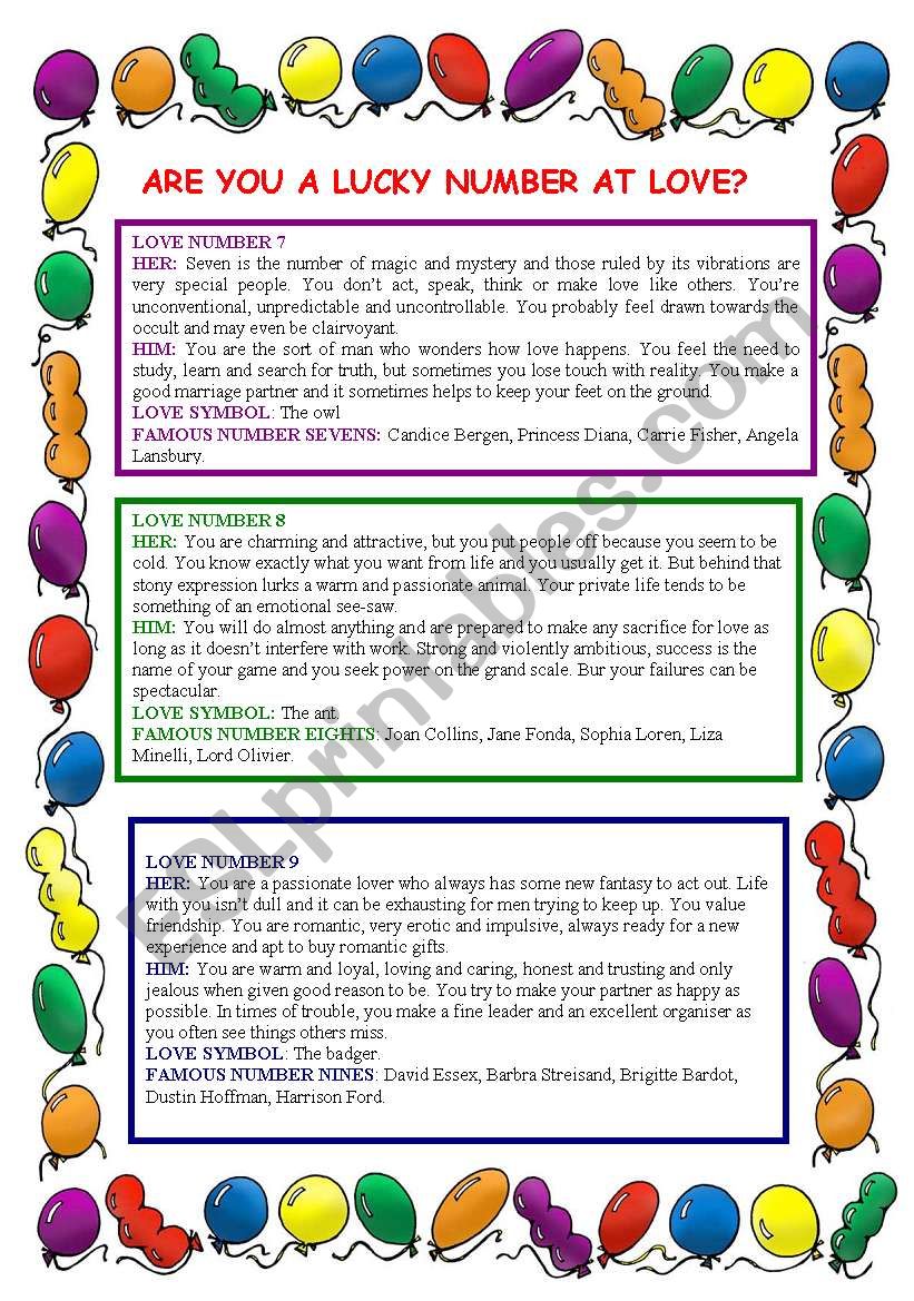 Lucky numbers -3 worksheet