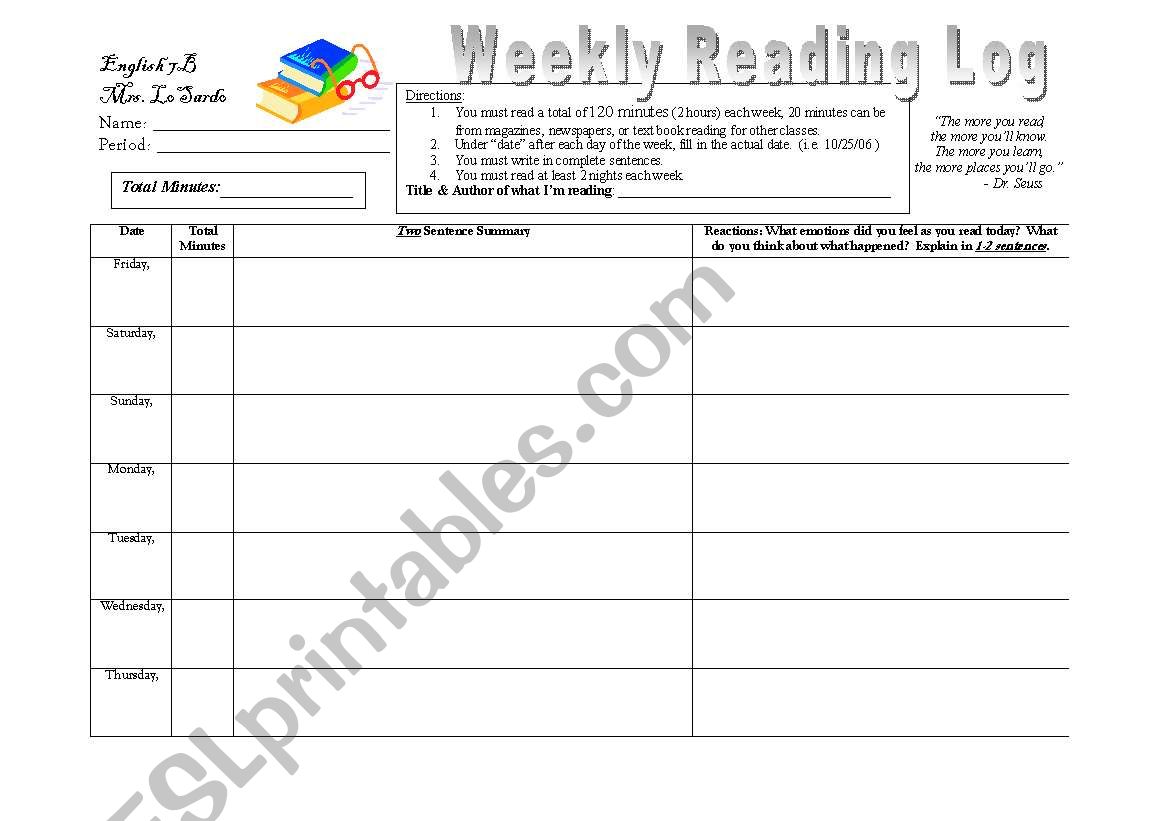 Reading Log worksheet