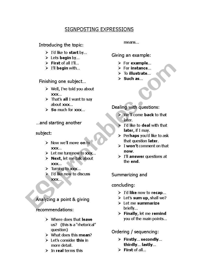 Signposting Expressions worksheet