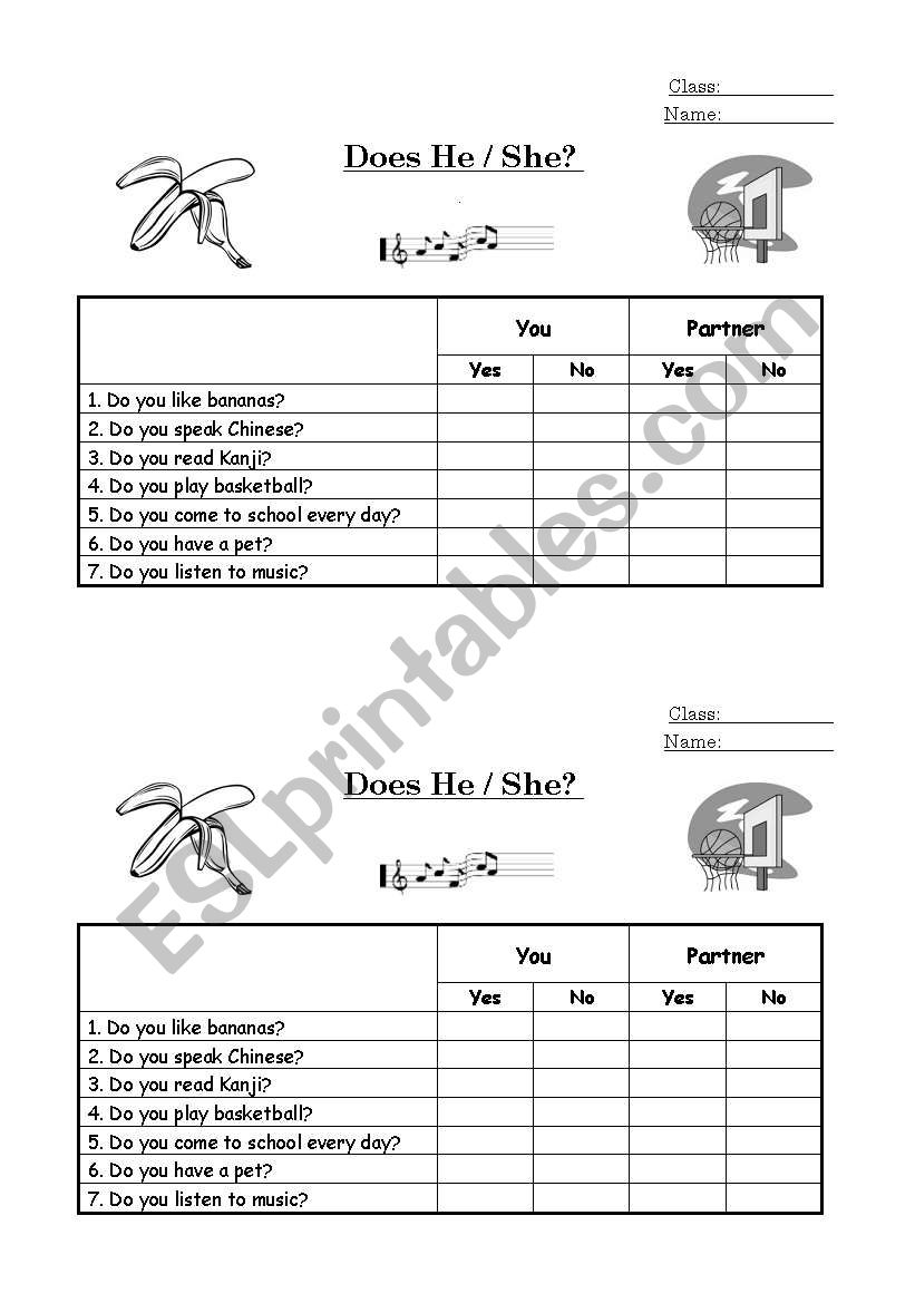 Does He/She? worksheet