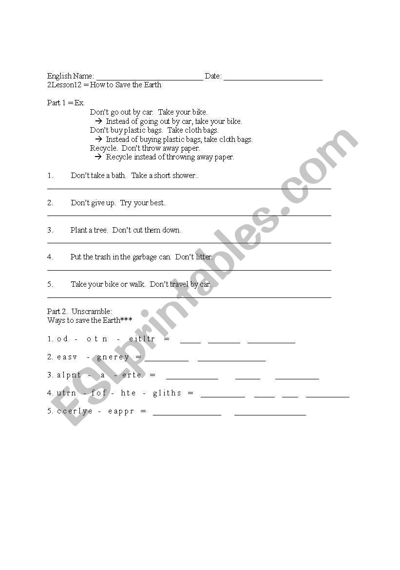 INSTEAD AND SAVING THE EARTH worksheet
