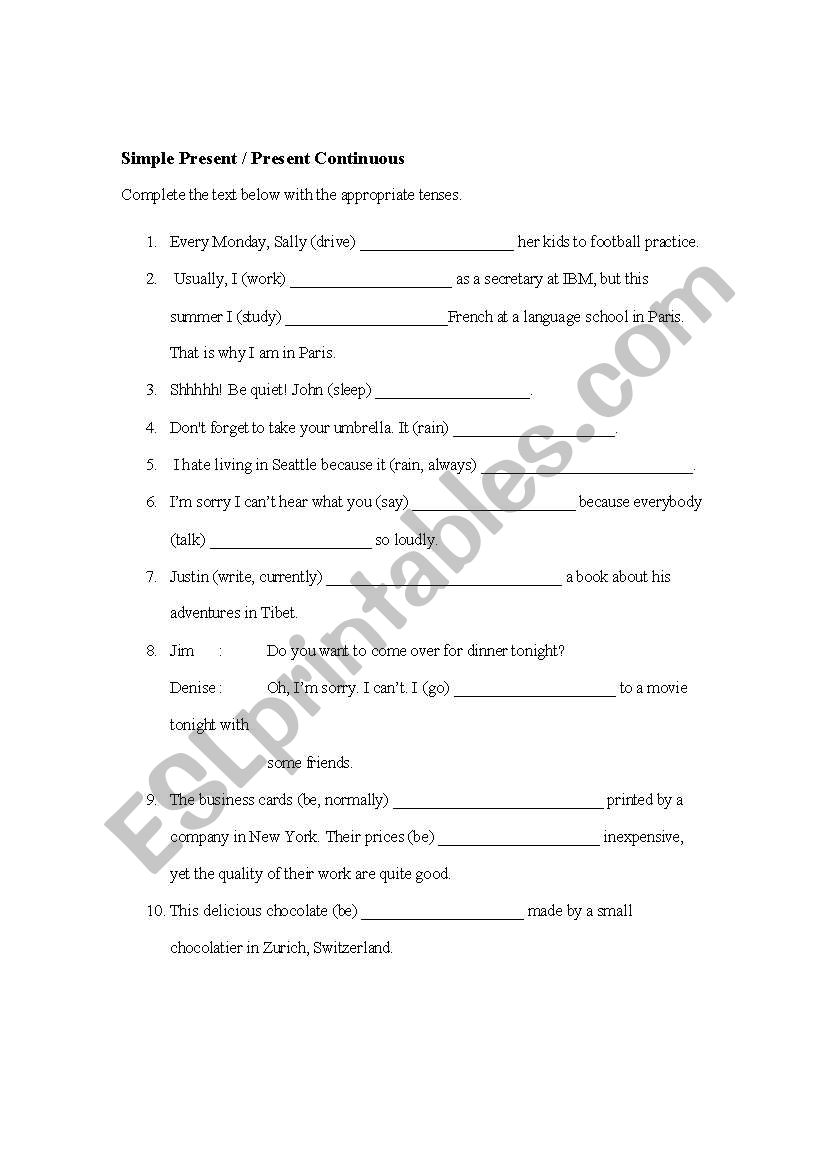 Present Tense worksheet