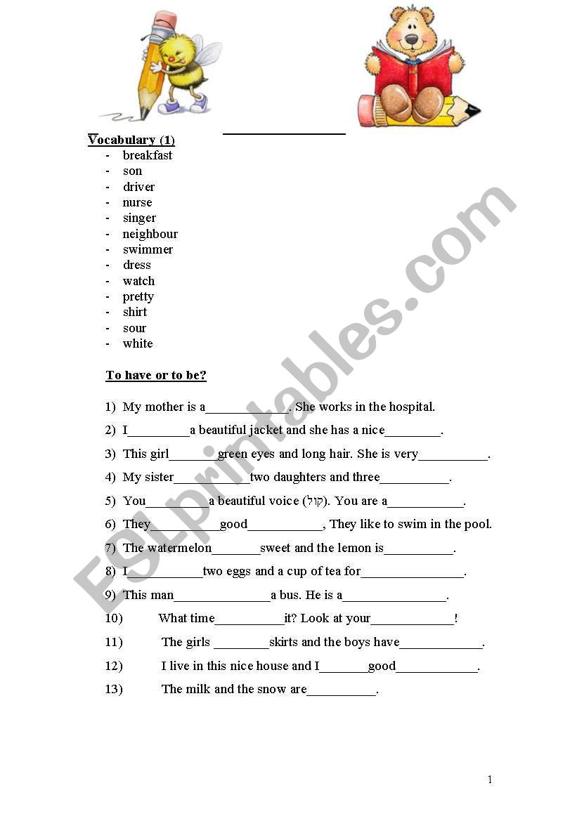 Vocabulary Test + The verb to be and to have. Two exercises.