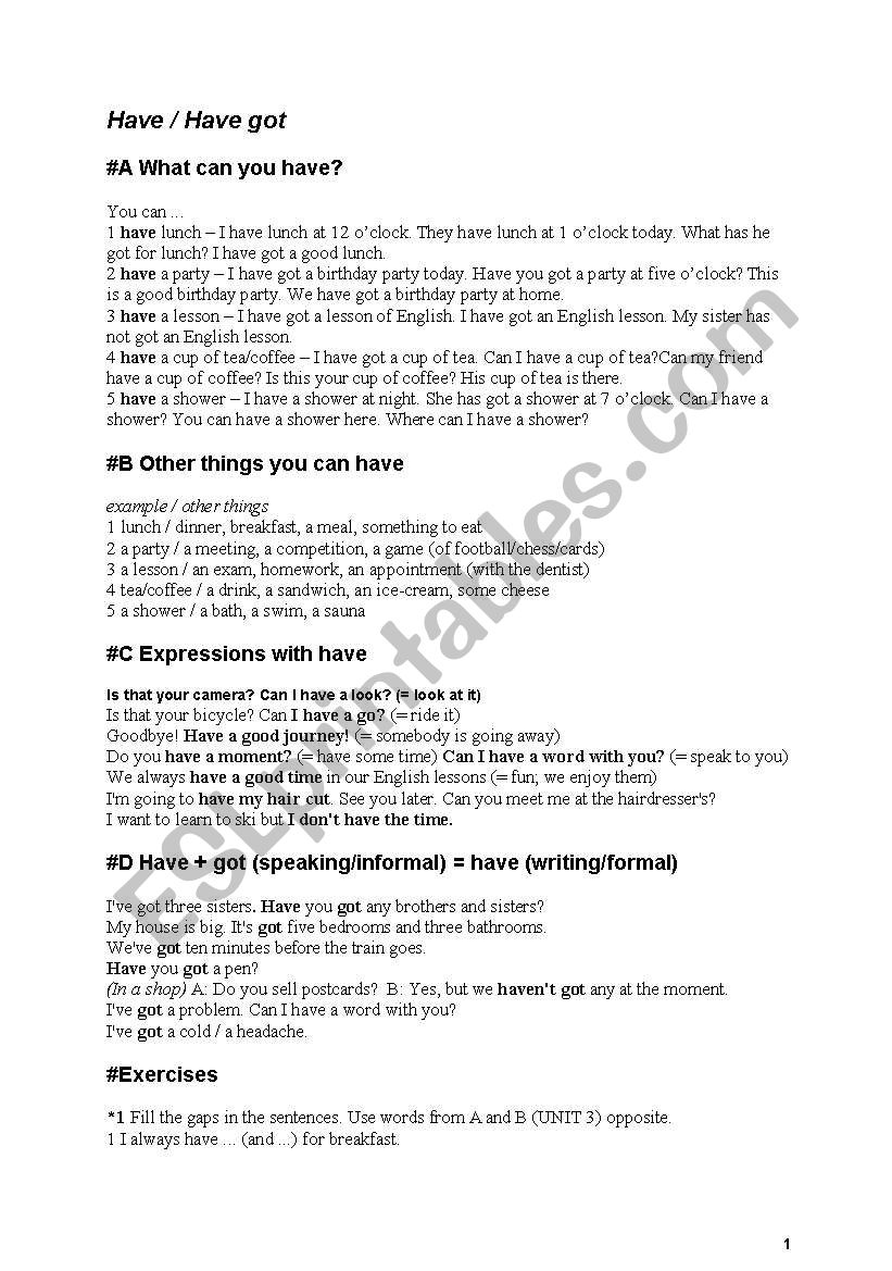 Have and have got - exercises worksheet