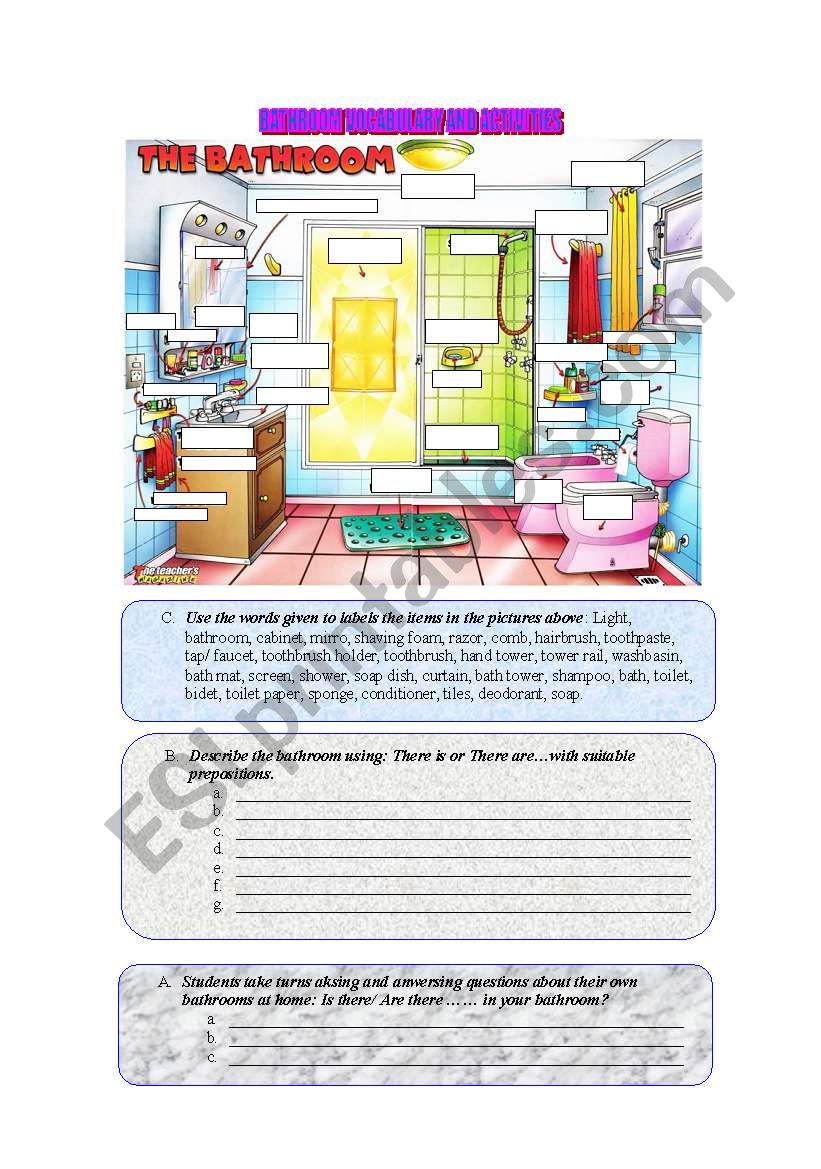 Bathroom vocabulary and activities with There is/are + prepositions