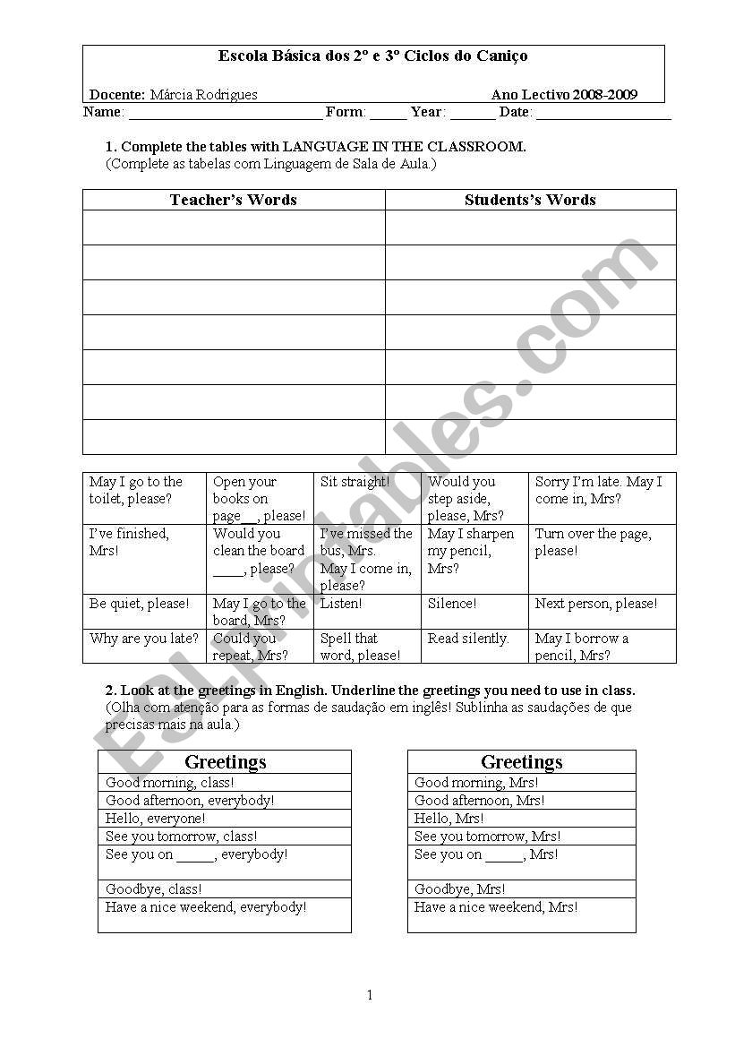 Table - language in the classroom