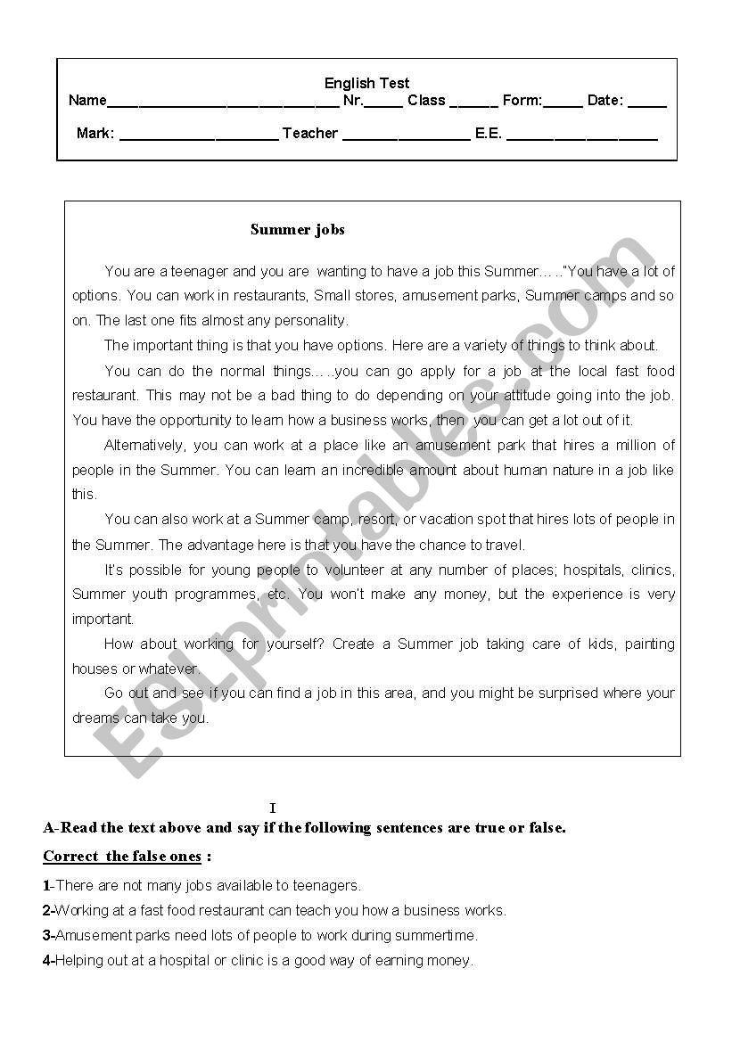 TEST 9th grade -SUMMER JOBS worksheet