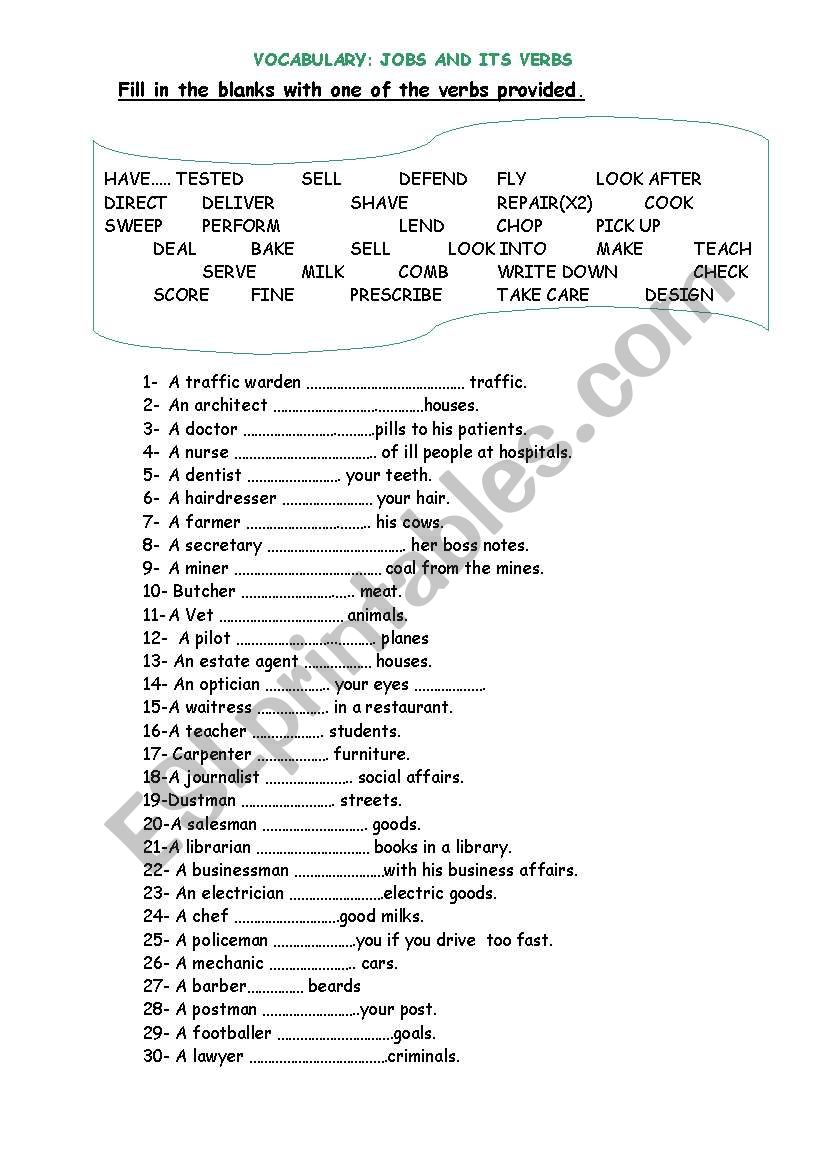 SPECIFIC VERBS FOR JOBS worksheet