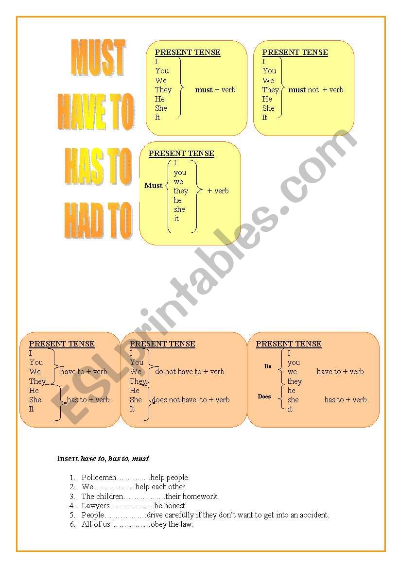 Must/Have to/Has to/Had to worksheet