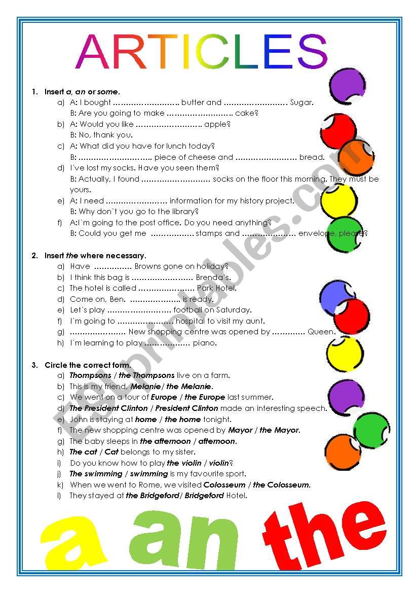 ARTICLES worksheet