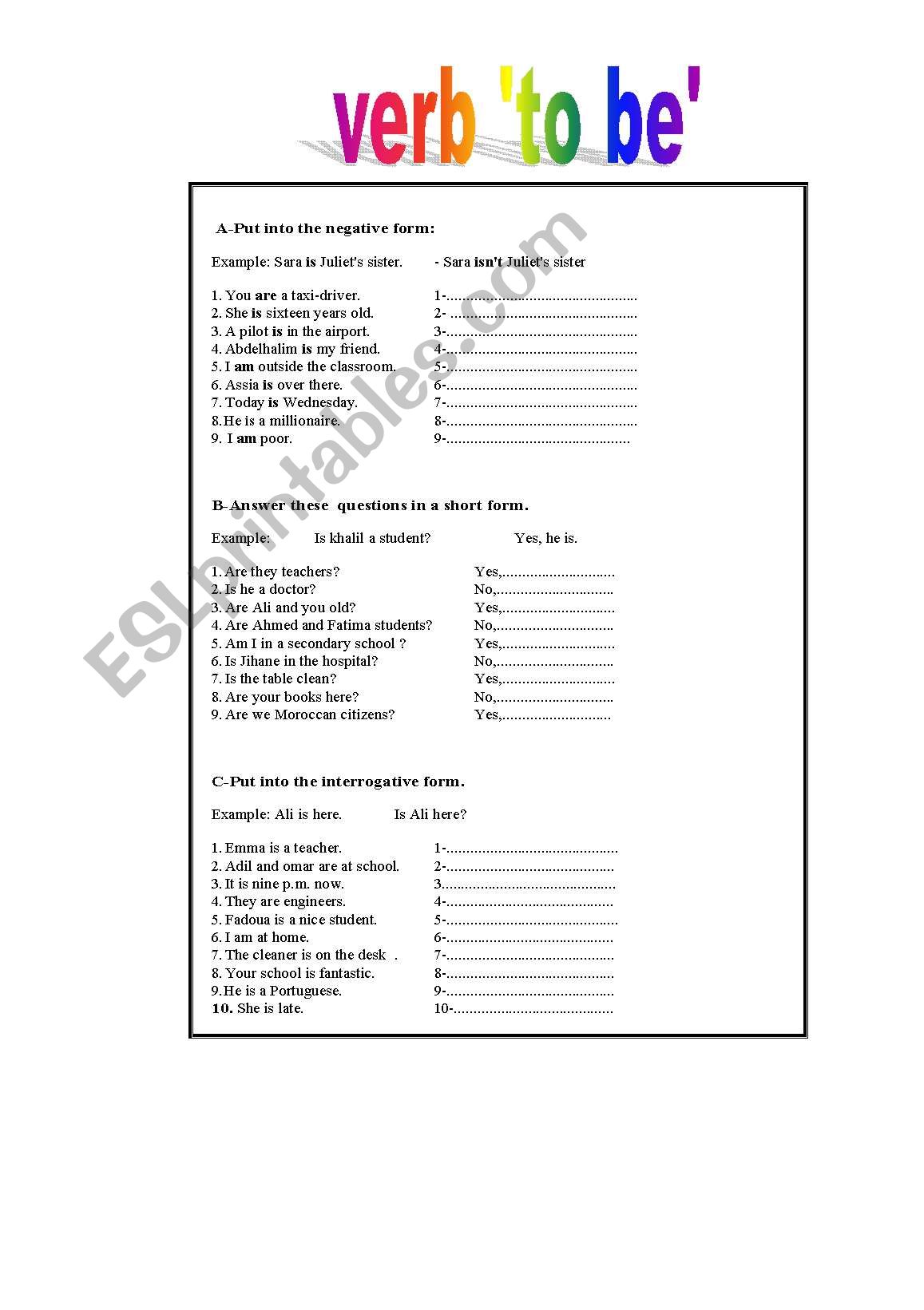 verb to be  worksheet