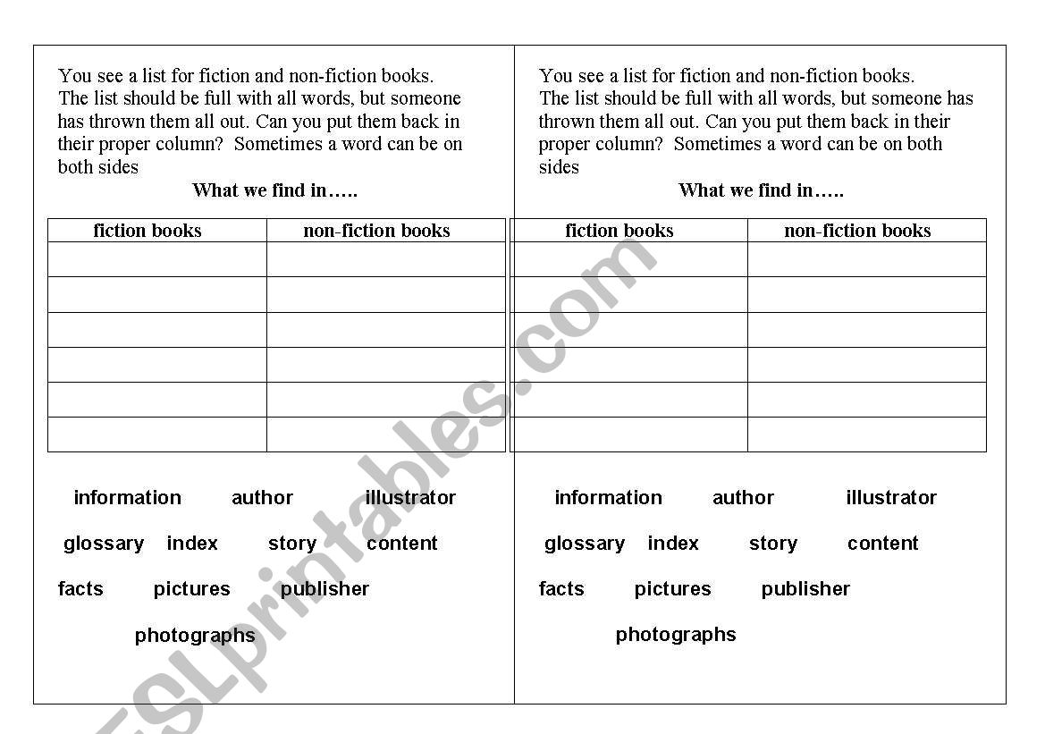 English worksheets: fiction vs non-fiction For Fiction Vs Nonfiction Worksheet