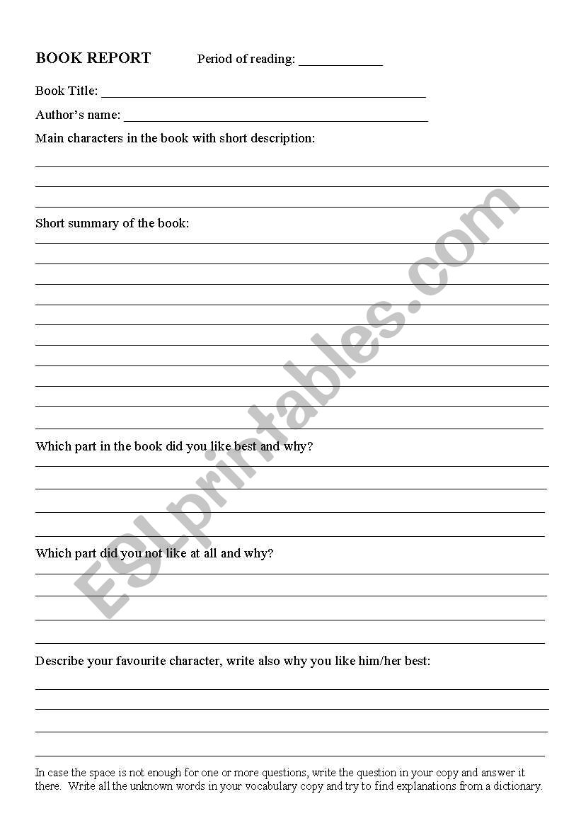 Book report form worksheet