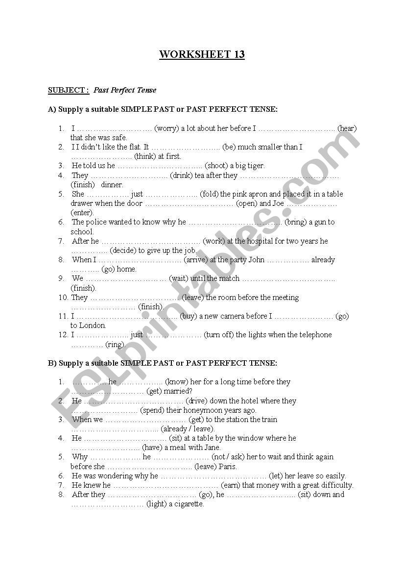 Past Perfect Tense worksheet