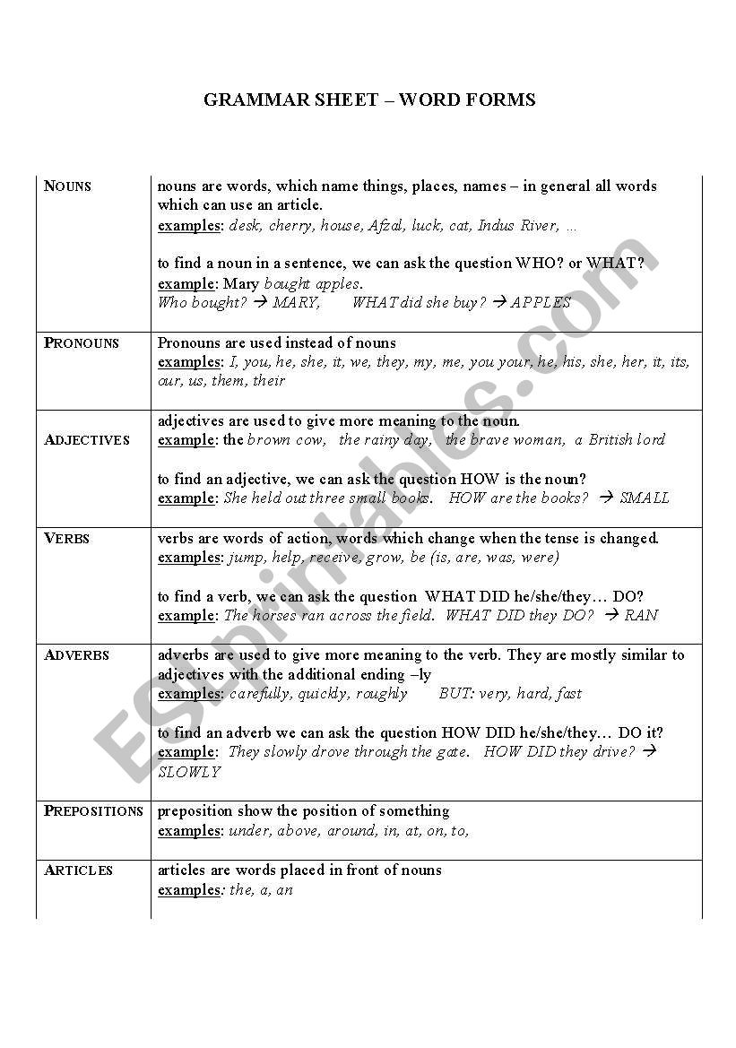 word forms worksheet