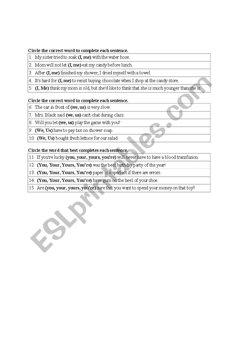 Pronouns worksheet