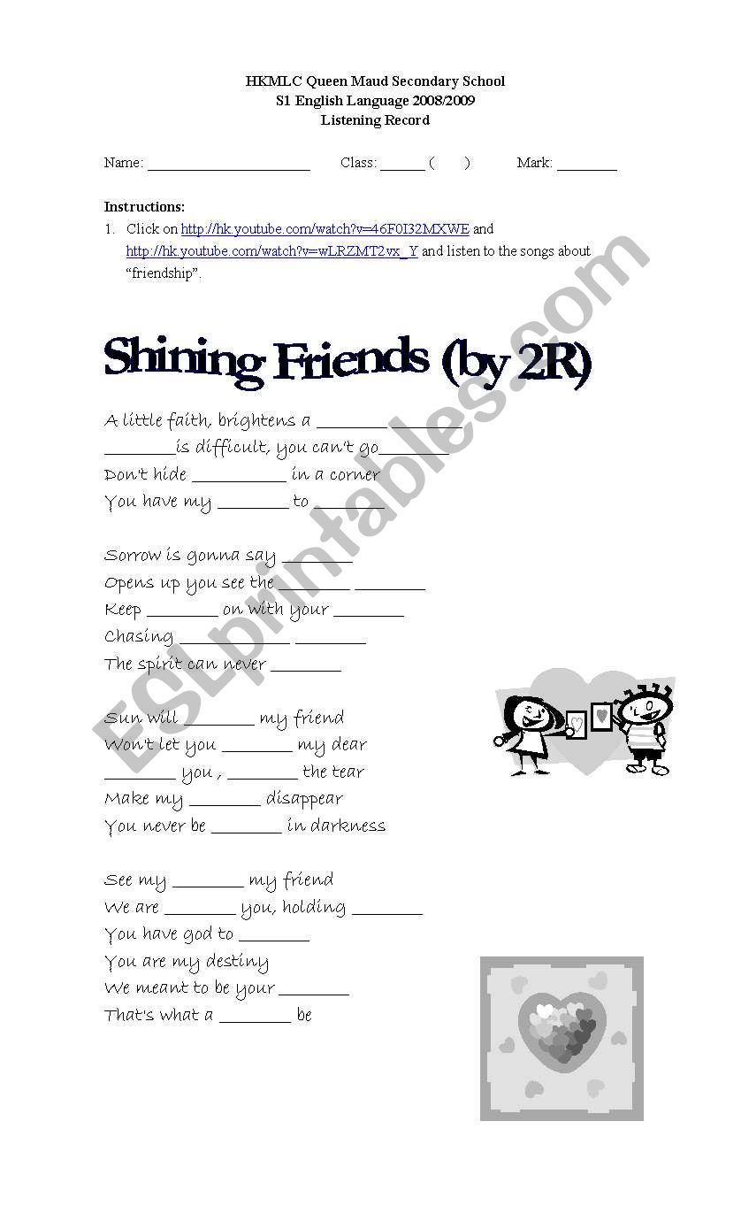 songs about friends worksheet