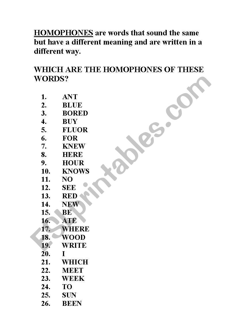 HOMOPHONES worksheet